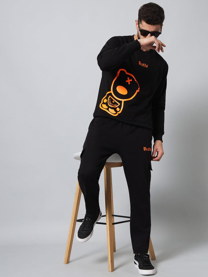 Griffel Men's Front Teddy Print Fleece Basic R-Neck Sweatshirt and Joggers Full set Orange Black Tracksuit - griffel