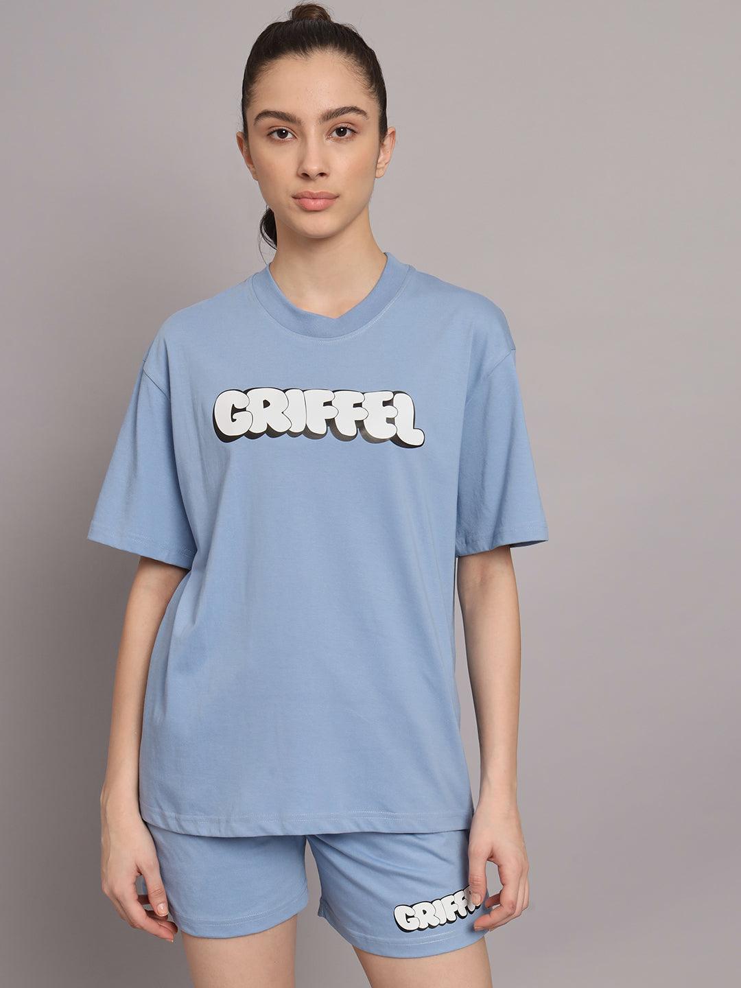 GRIFFEL Women Printed Oversized Loose fit Sky Blue T-shirt and Short Set - griffel