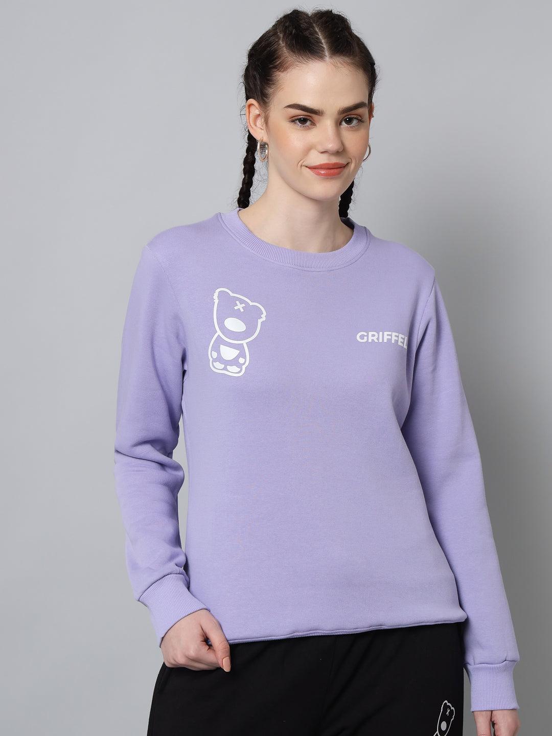 Griffel Women’s Teddy Print Round Neck White Mauve Cotton Fleece Full Sleeve Sweatshirt - griffel
