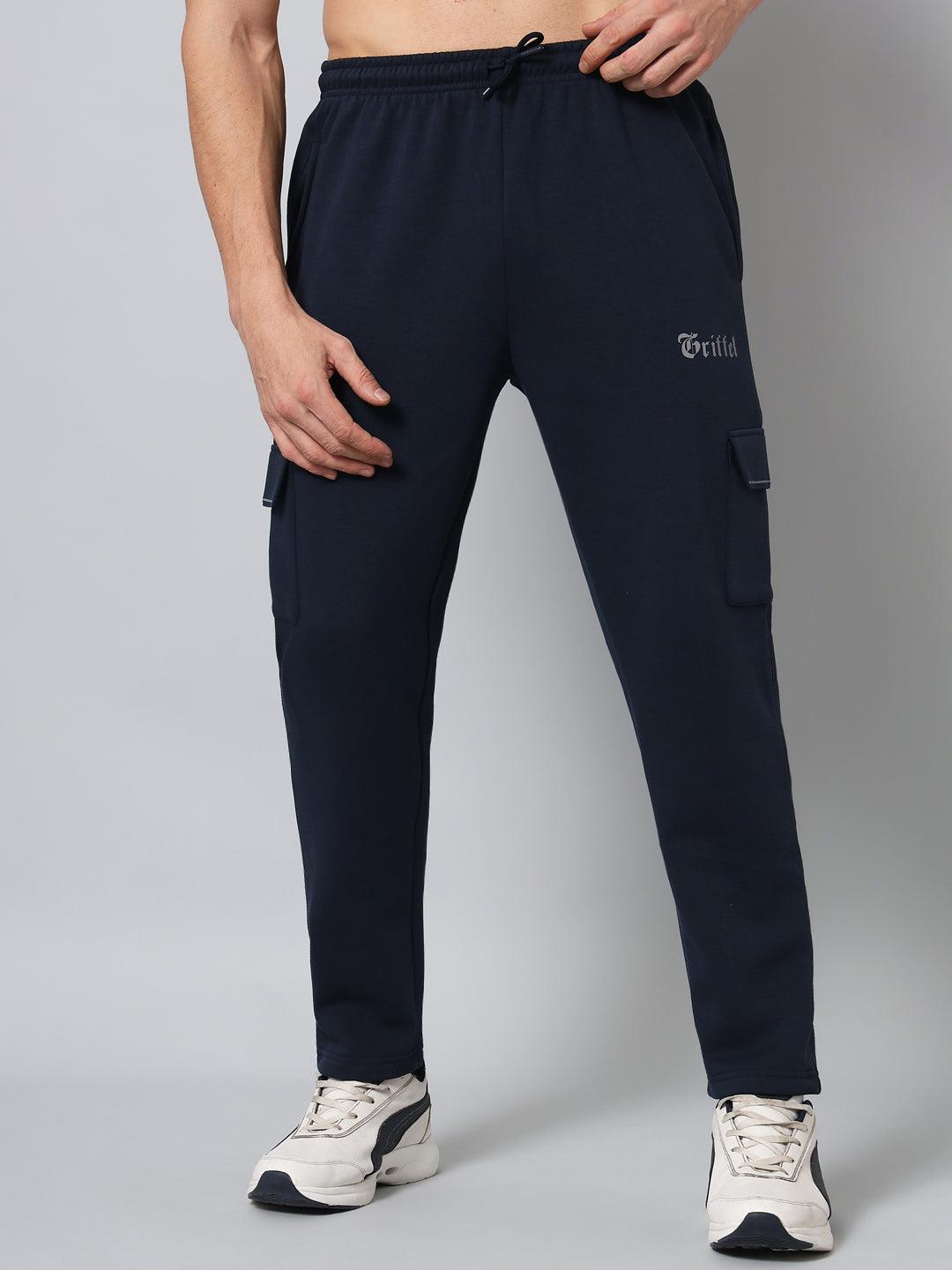 GRIFFEL Men Fleece 6 Pocket Front Logo Navy Grey Trackpants - griffel