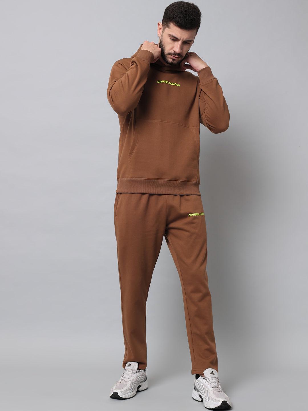 Griffel Men's Front Logo Solid Fleece Basic Hoodie and Joggers Full set Brown Tracksuit - griffel