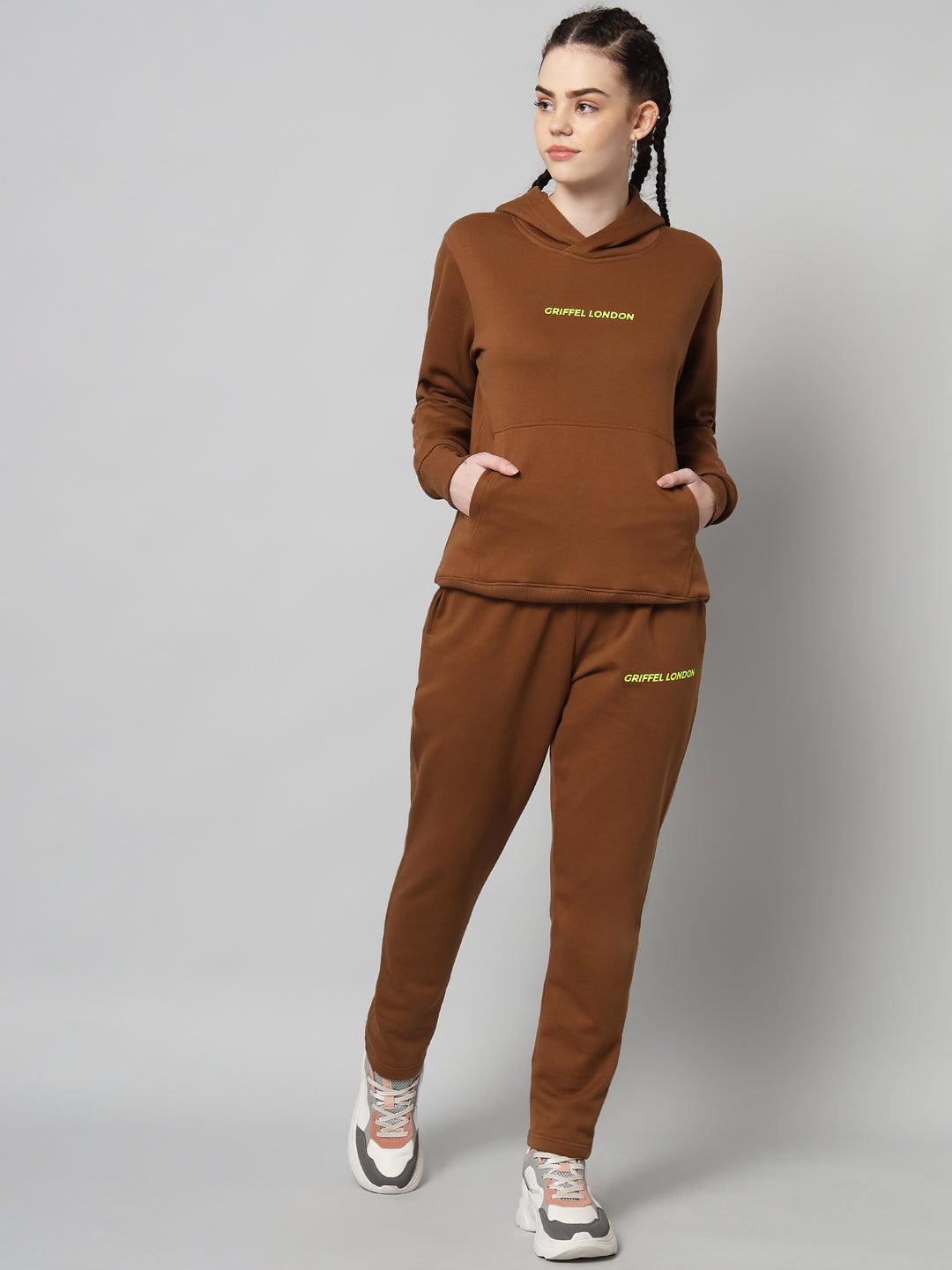 Griffel Women Solid Fleece Basic Hoodie and Joggers Full set Coffee Tracksuit - griffel
