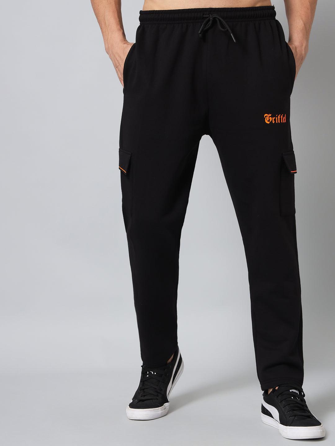 GRIFFEL Men Fleece 6 Pocket Front Logo Black Orange Trackpants - griffel
