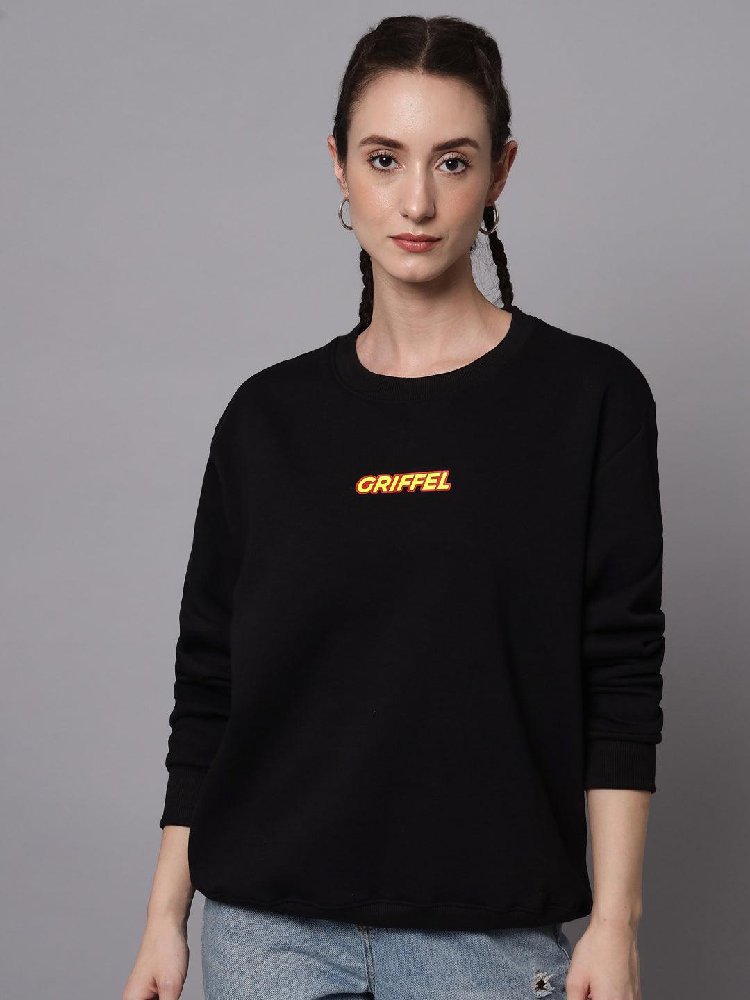 Griffel Women’s Printed Round Neck Black Cotton Fleece Full Sleeve Sweatshirt - griffel