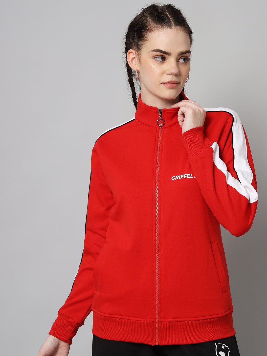 Griffel Women’s Cotton Fleece Full Sleeve Red Zipper Color Blocked Sweatshirt - griffel