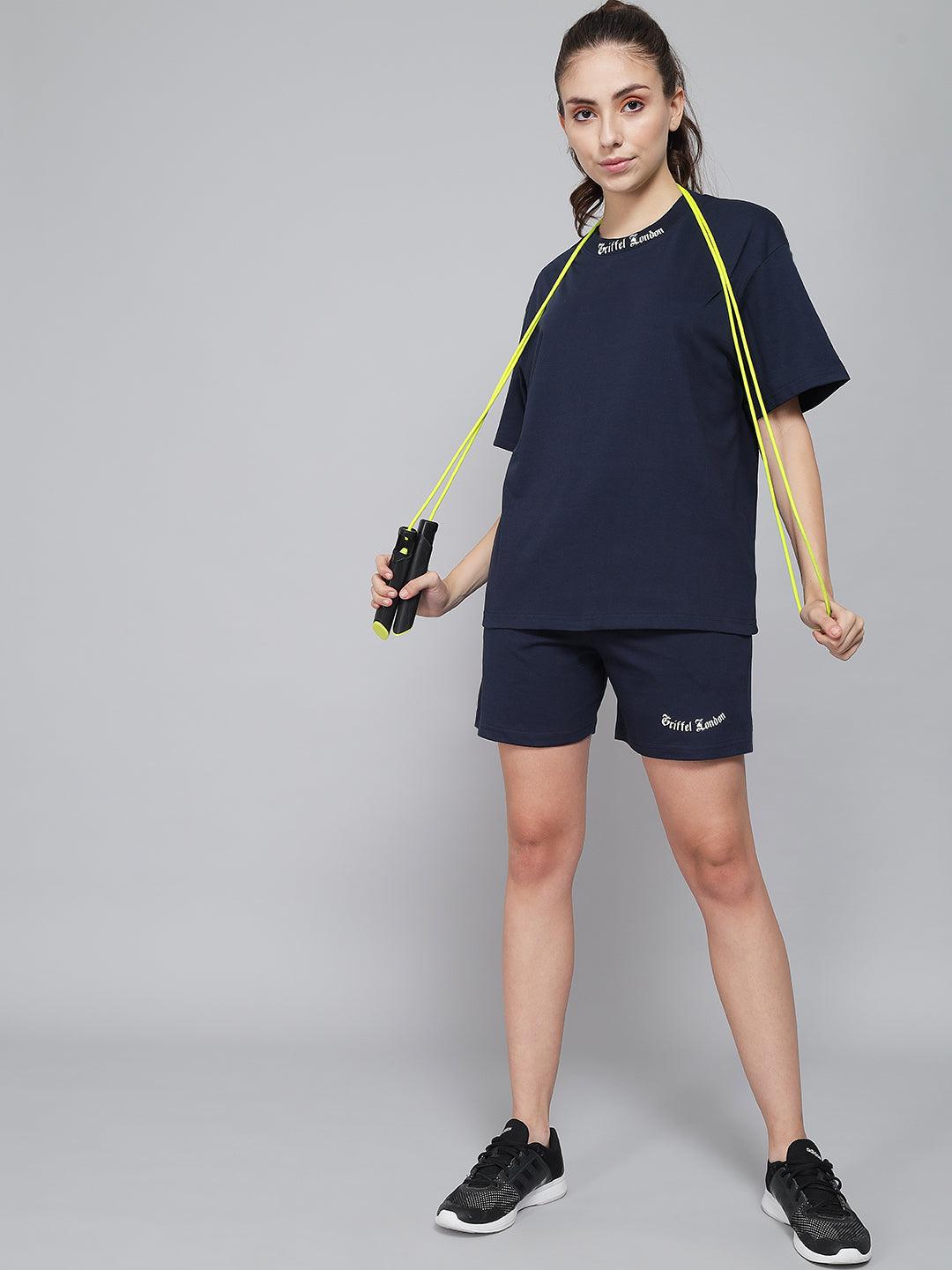 GRIFFEL Women Basic Solid Oversized Loose fit Navy T-shirt and Short Set - griffel