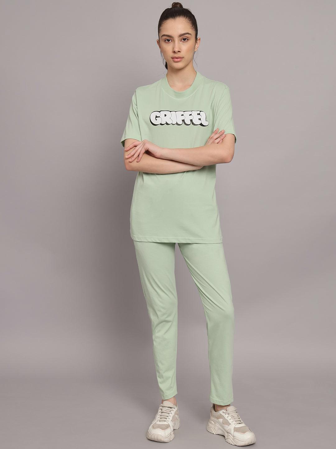 GRIFFEL Women Printed Oversized Loose fit Sea Green T-shirt and Trackpant Set - griffel