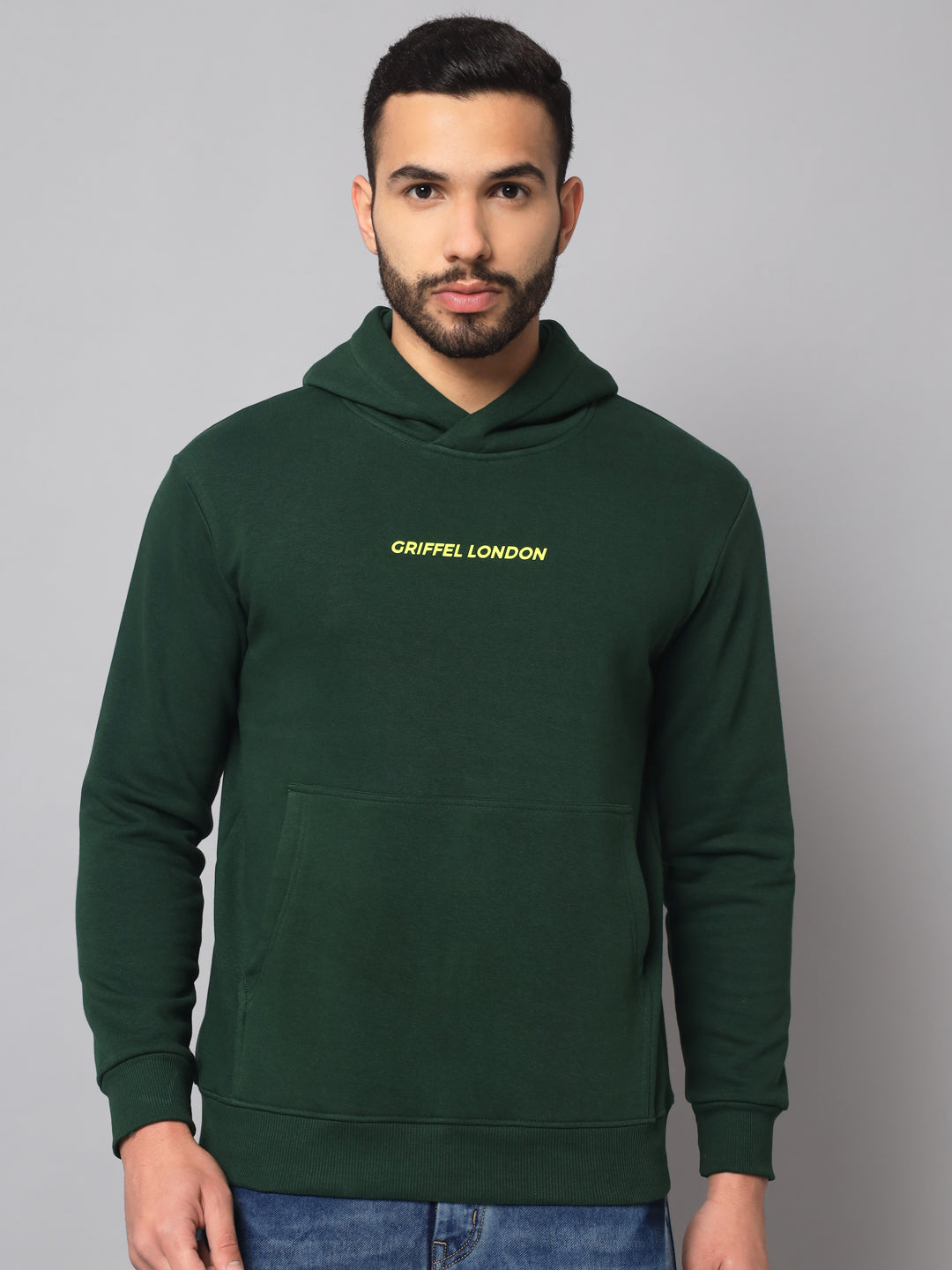 Griffel Men's Green Cotton Front Logo Fleece Hoody Sweatshirt with Full Sleeve - griffel
