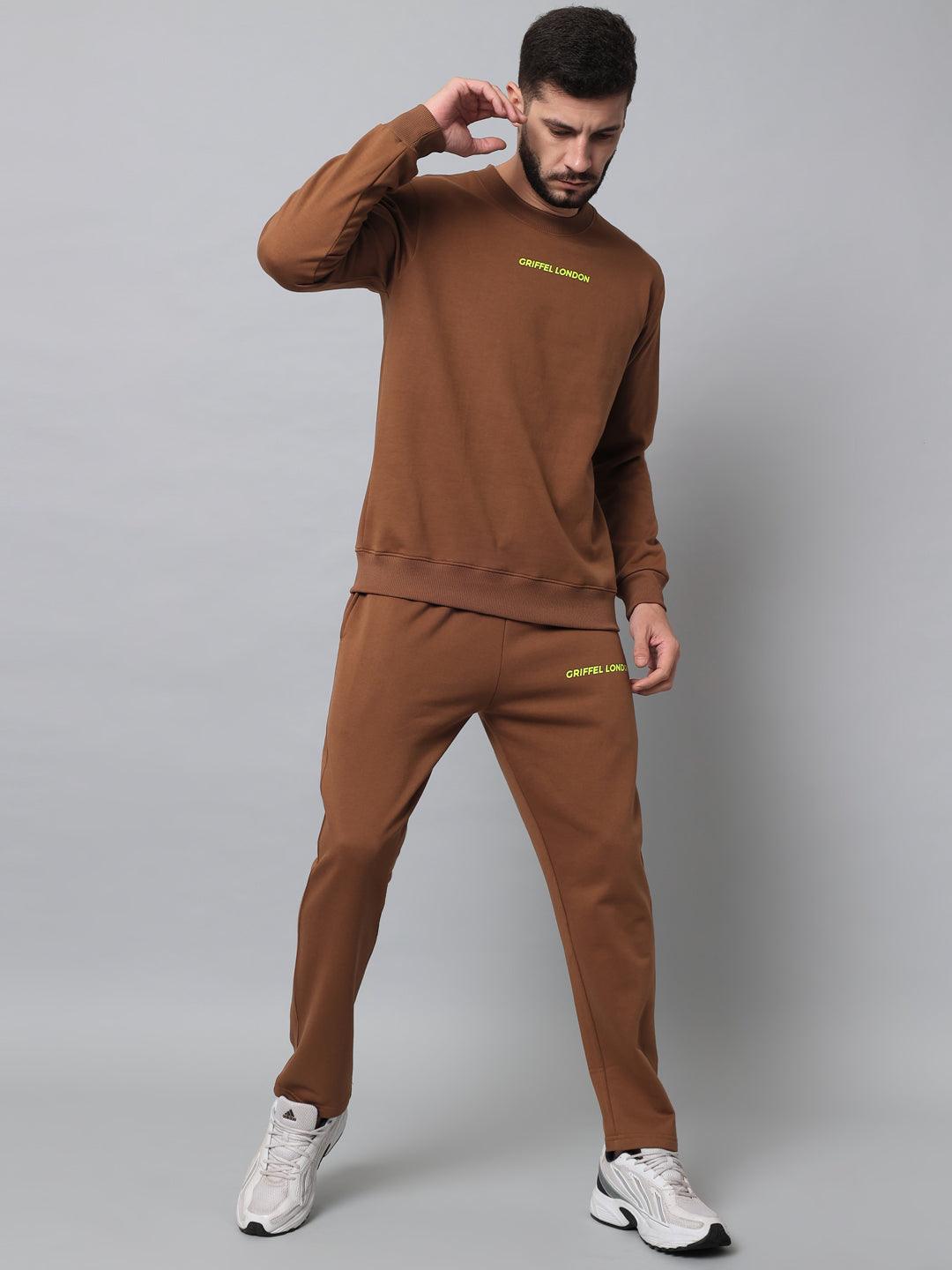 Griffel Men's Front Logo Solid Fleece Basic R-Neck Sweatshirt and Joggers Full set Brown Tracksuit - griffel