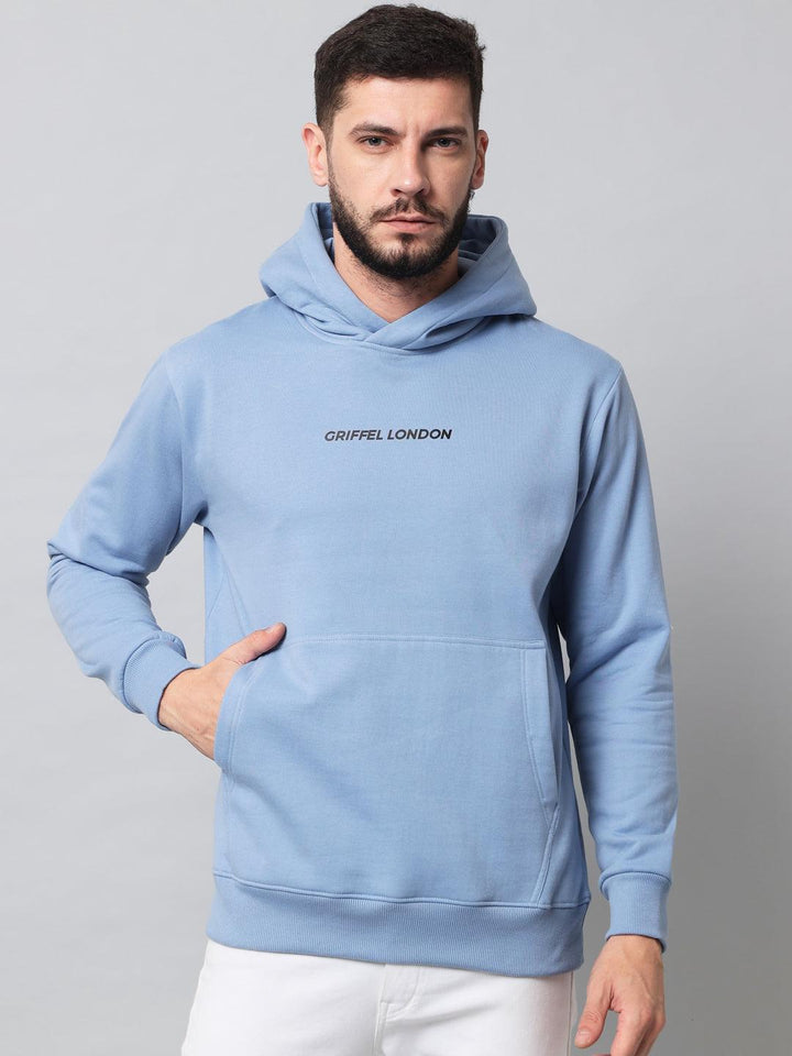 Griffel Men's Sky Blue Cotton Front Logo Fleece Hoody Sweatshirt with Full Sleeve - griffel