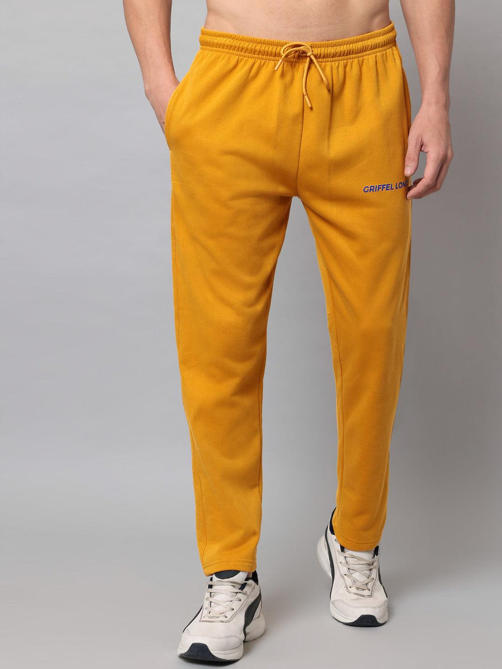 GRIFFEL Men Fleece Basic Solid Front Logo Mustard Trackpants - griffel