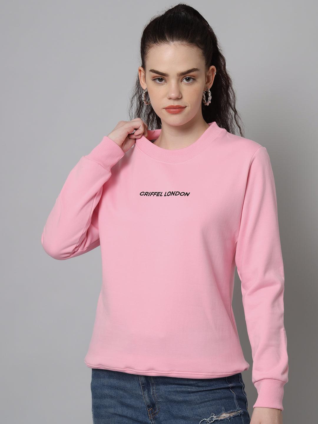 Griffel Women’s Printed Round Neck Pink Cotton Fleece Full Sleeve Sweatshirt - griffel