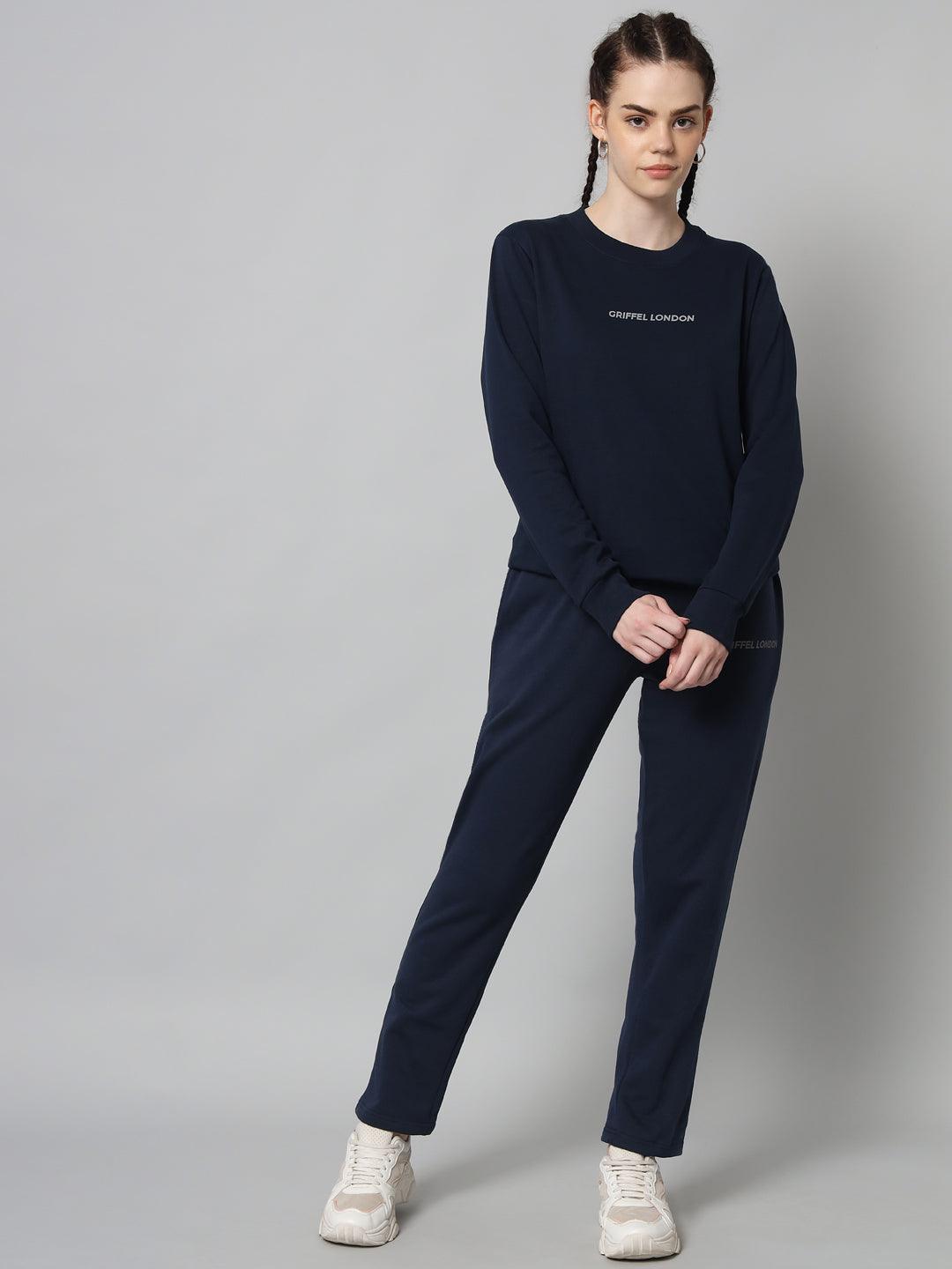 Griffel Women Solid Fleece Basic Round Neck Sweatshirt and Joggers Full set Navy Tracksuit - griffel