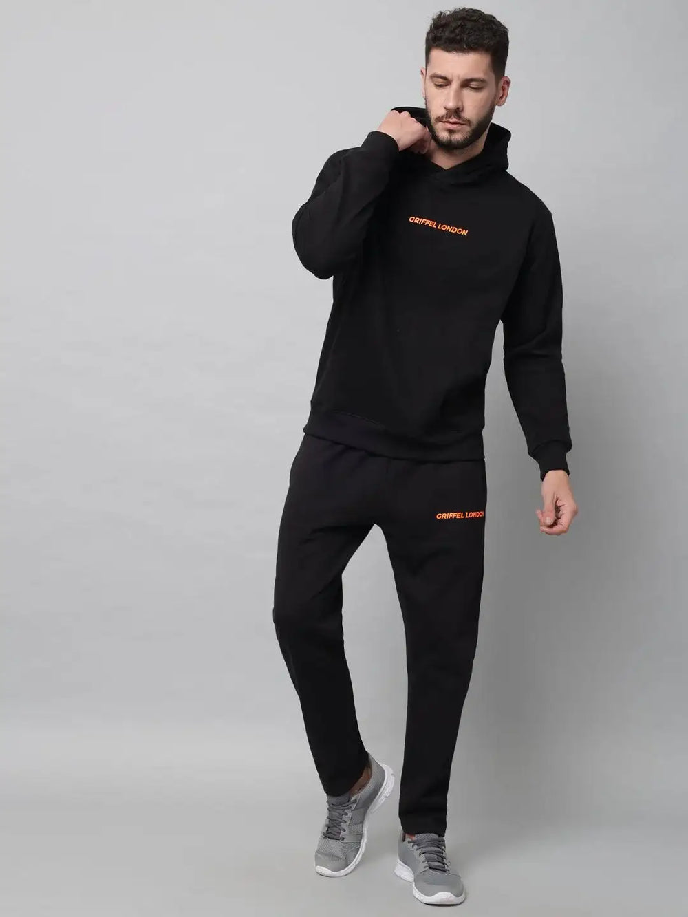 Griffel Men's Front Logo Solid Fleece Basic Hoodie and Joggers Full set Black Tracksuit - griffel