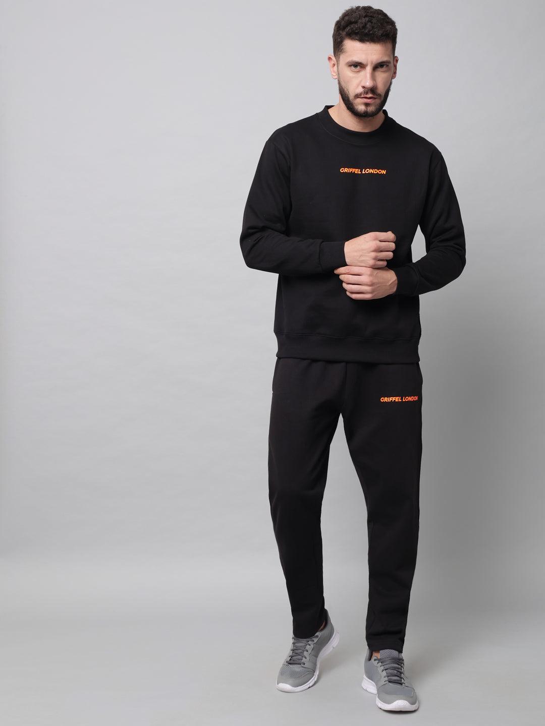 Griffel Men's Front Logo Solid Fleece Basic R-Neck Sweatshirt  and Joggers Full set Black Tracksuit - griffel