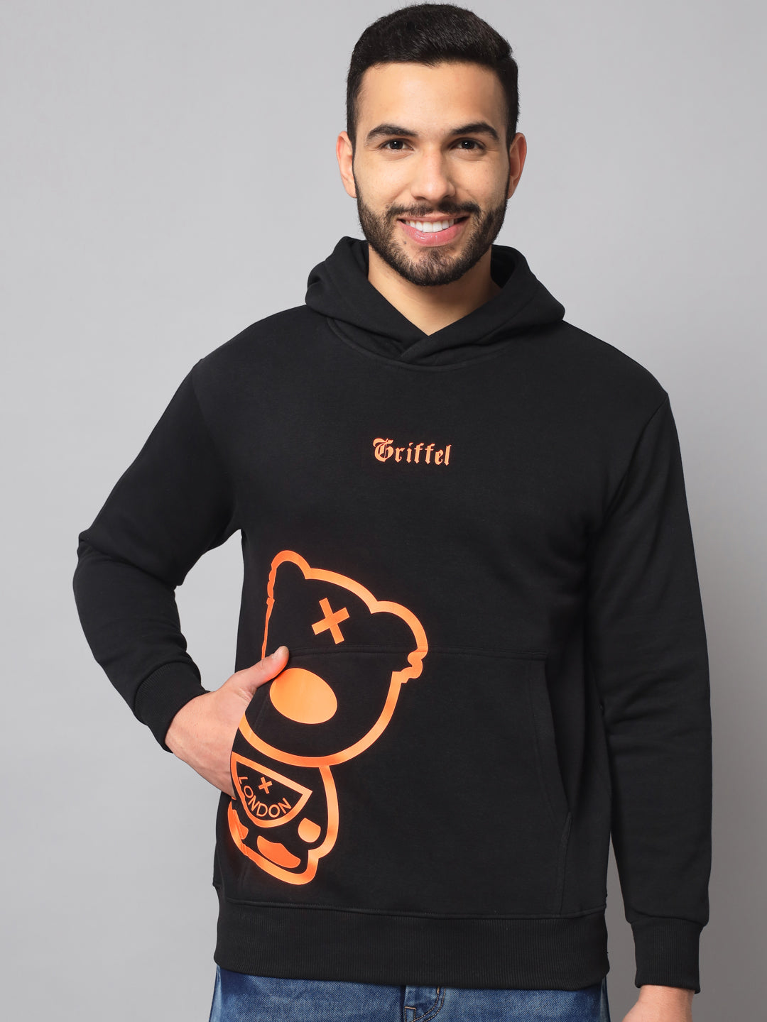 Griffel Men's Black Orange Cotton Front Logo Fleece Hoody Sweatshirt with Full Sleeve - griffel