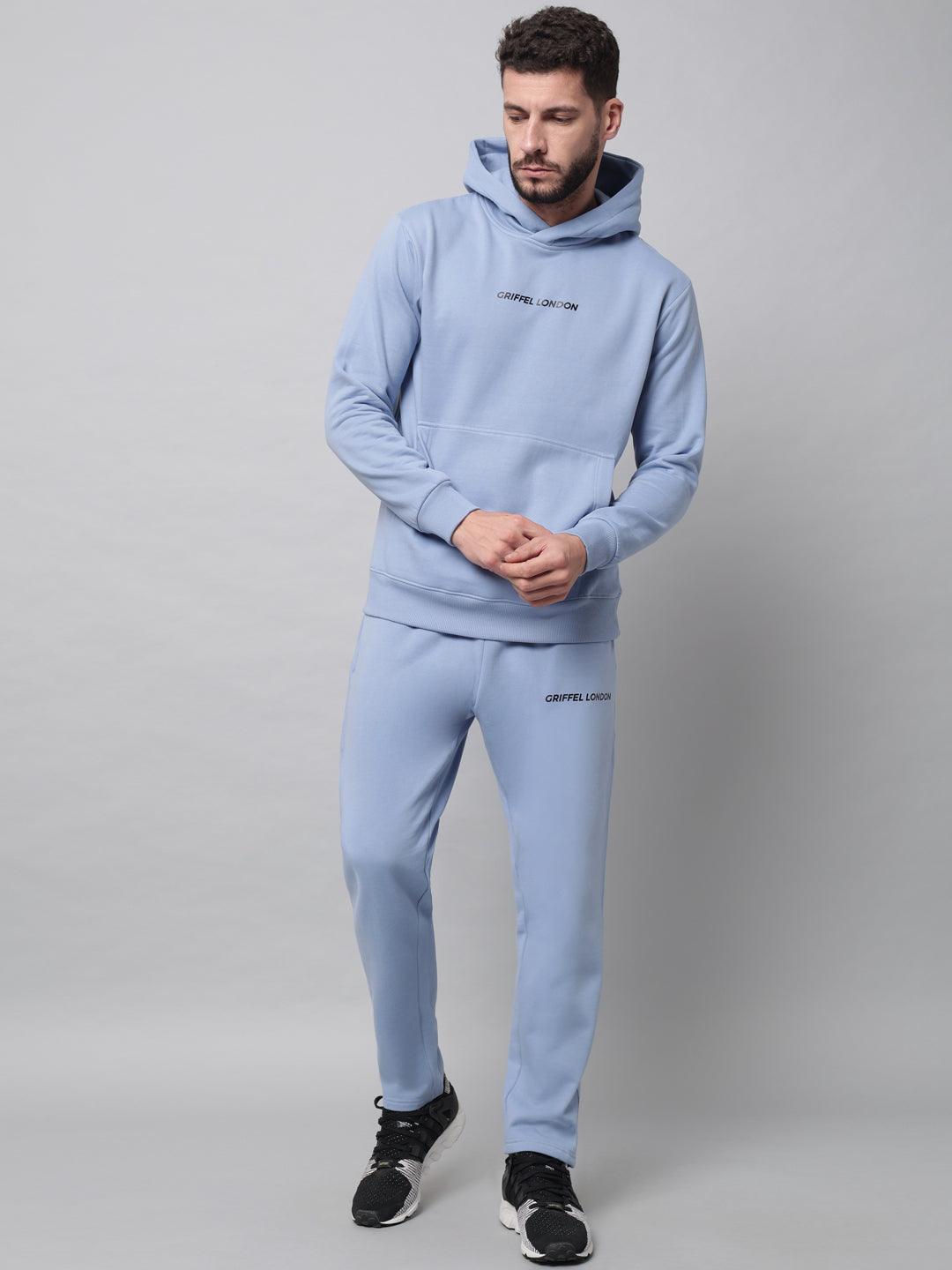 Griffel Men's Front Logo Solid Fleece Basic Hoodie and Joggers Full set Sky Blue Tracksuit - griffel