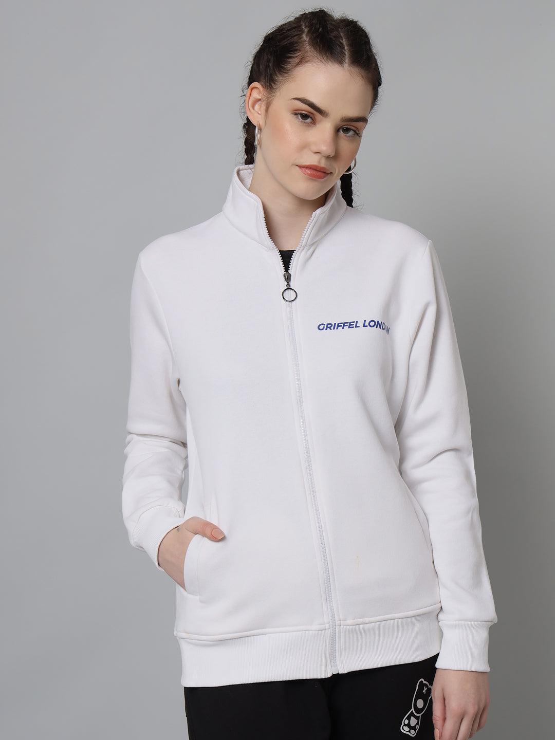 Griffel Women’s Cotton Fleece Full Sleeve White Zipper Sweatshirt - griffel