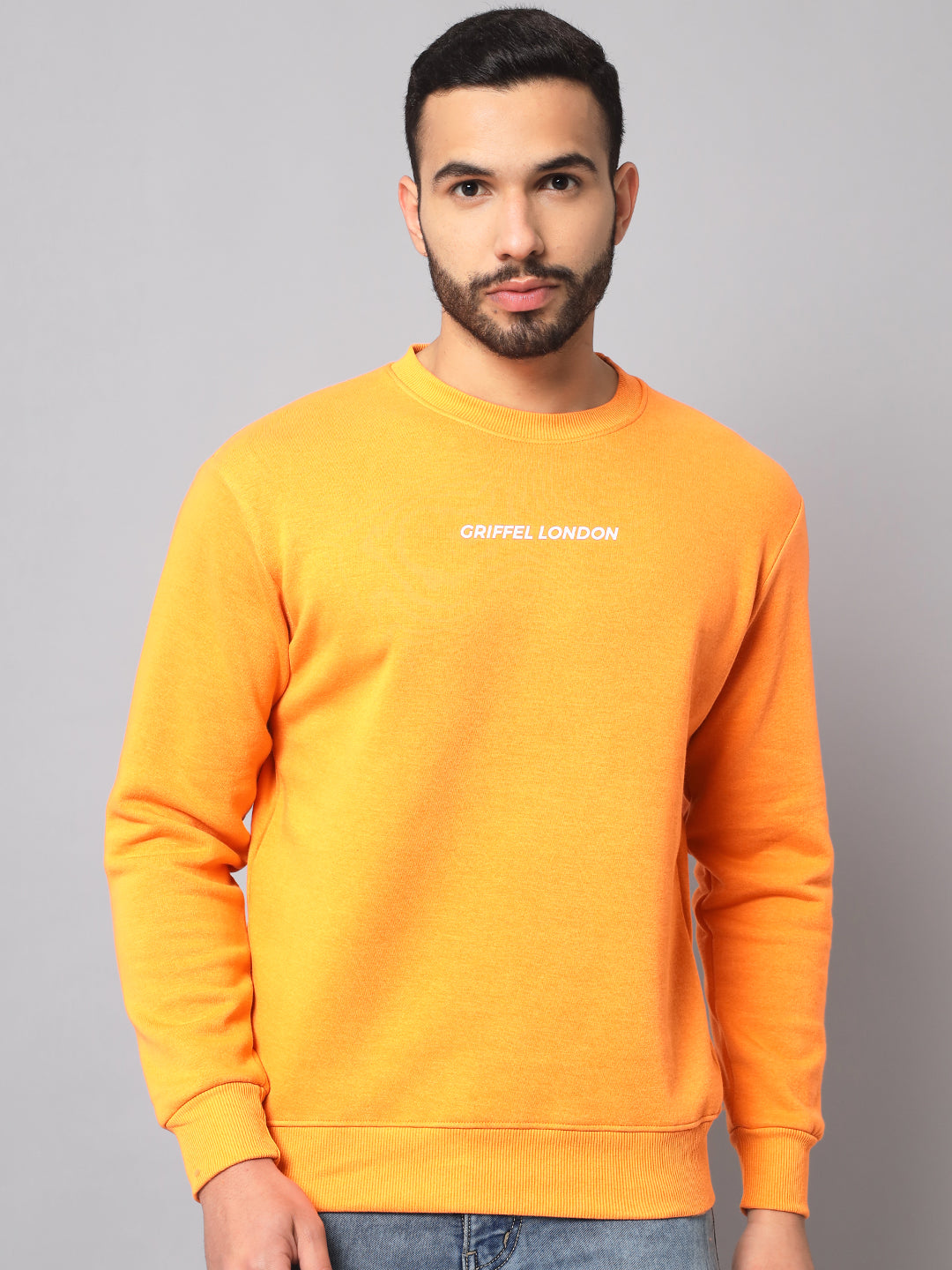 Griffel Men's Cotton Fleece Round Neck Orange Sweatshirt with Full Sleeve and Front Logo Print - griffel