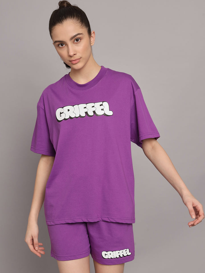 GRIFFEL Women Printed Oversized Loose fit Dark Purple T-shirt and Short Set - griffel