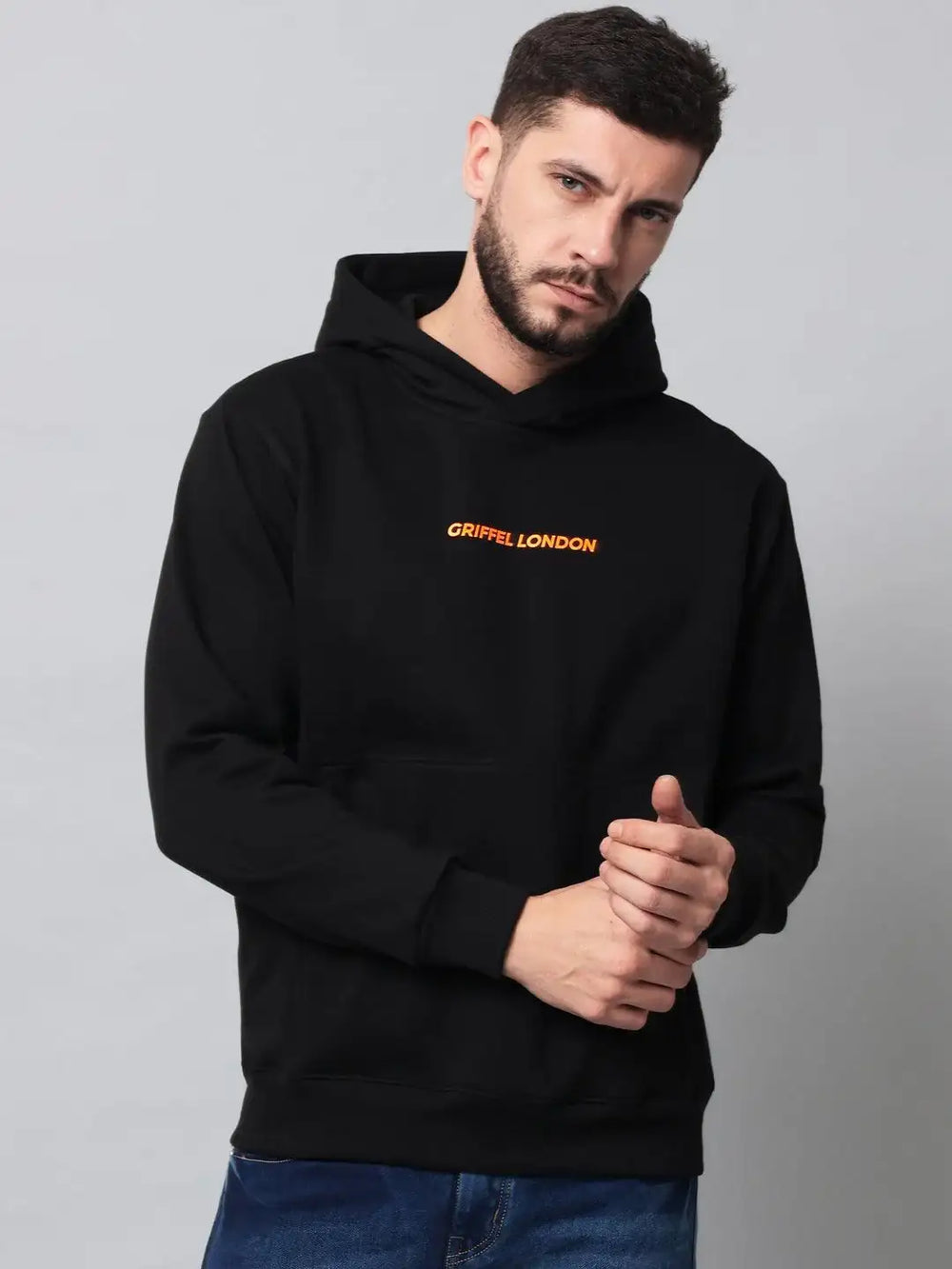 Griffel Men's Black Cotton Front Logo Fleece Hoody Sweatshirt with Full Sleeve - griffel