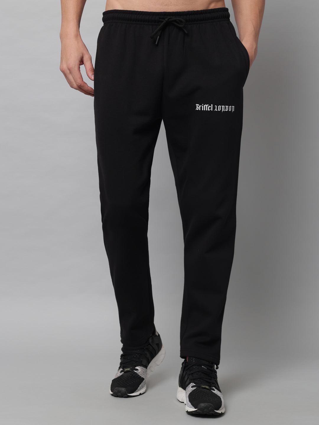 GRIFFEL Men Fleece Basic Solid Front Logo Black Trackpants - griffel