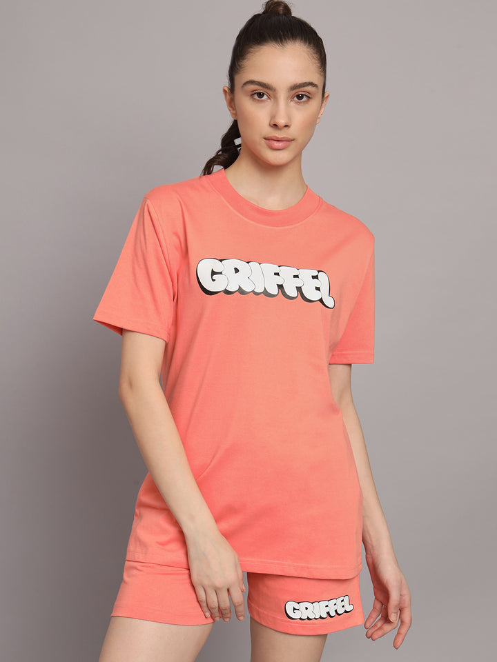 GRIFFEL Women Printed Oversized Loose fit Peach T-shirt and Short Set - griffel