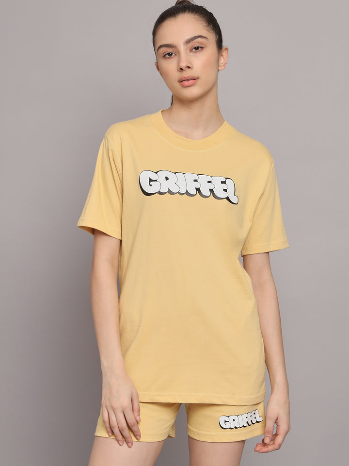 GRIFFEL Women Printed Oversized Loose fit Yellow T-shirt and Short Set - griffel