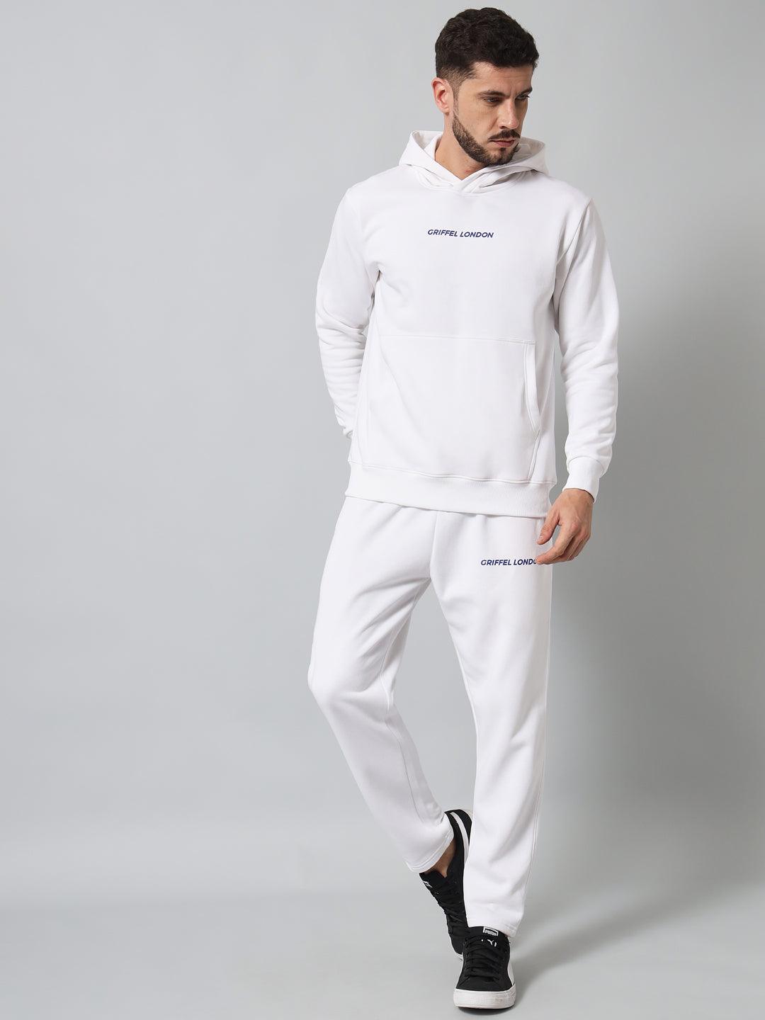 Griffel Men's Front Logo Solid Fleece Basic Hoodie and Joggers Full set White Tracksuit - griffel