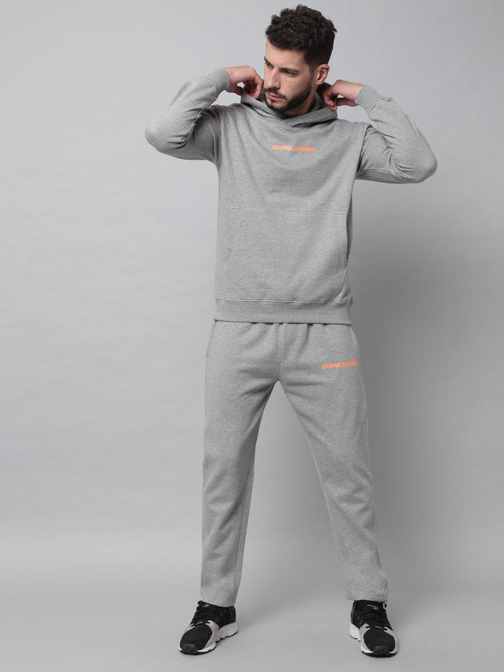 Griffel Men's Front Logo Solid Fleece Basic Hoodie and Joggers Full set Grey Tracksuit - griffel