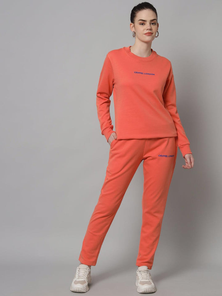 Griffel Women Solid Fleece Basic Round Neck Sweatshirt and Joggers Full set Peach Tracksuit - griffel