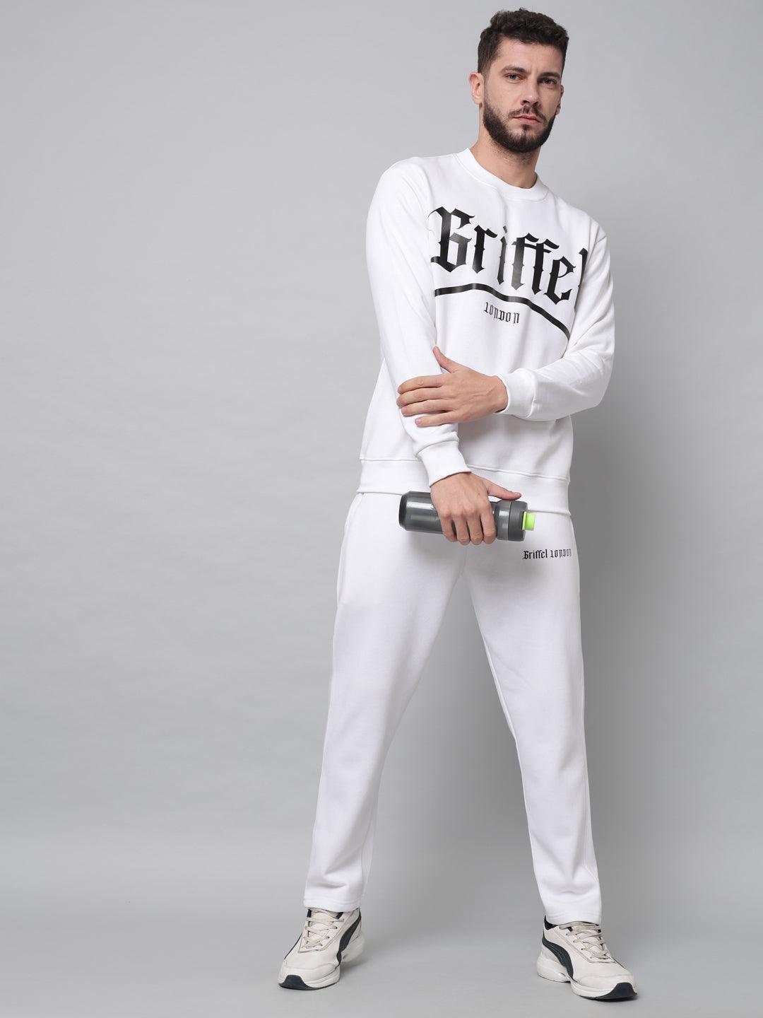 Griffel Men's Printed Solid Fleece Basic R-Neck Sweatshirt and Joggers Full set White Tracksuit - griffel