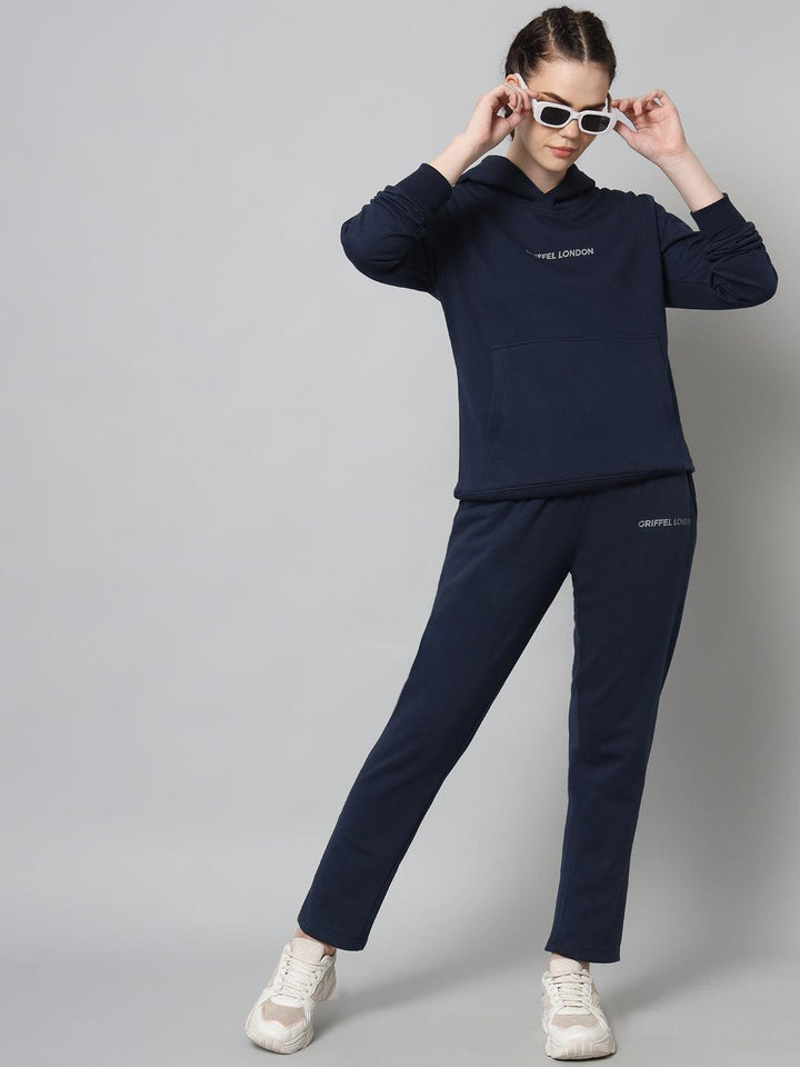 Griffel Women Solid Fleece Basic Hoodie and Joggers Full set Navy Tracksuit - griffel