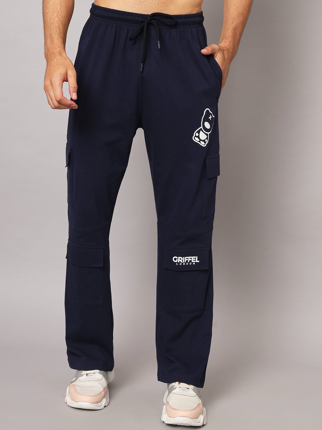 GRIFFEL Men Cotton 6 Pocket Front Logo Navy Teddy Printed Trackpants - griffel