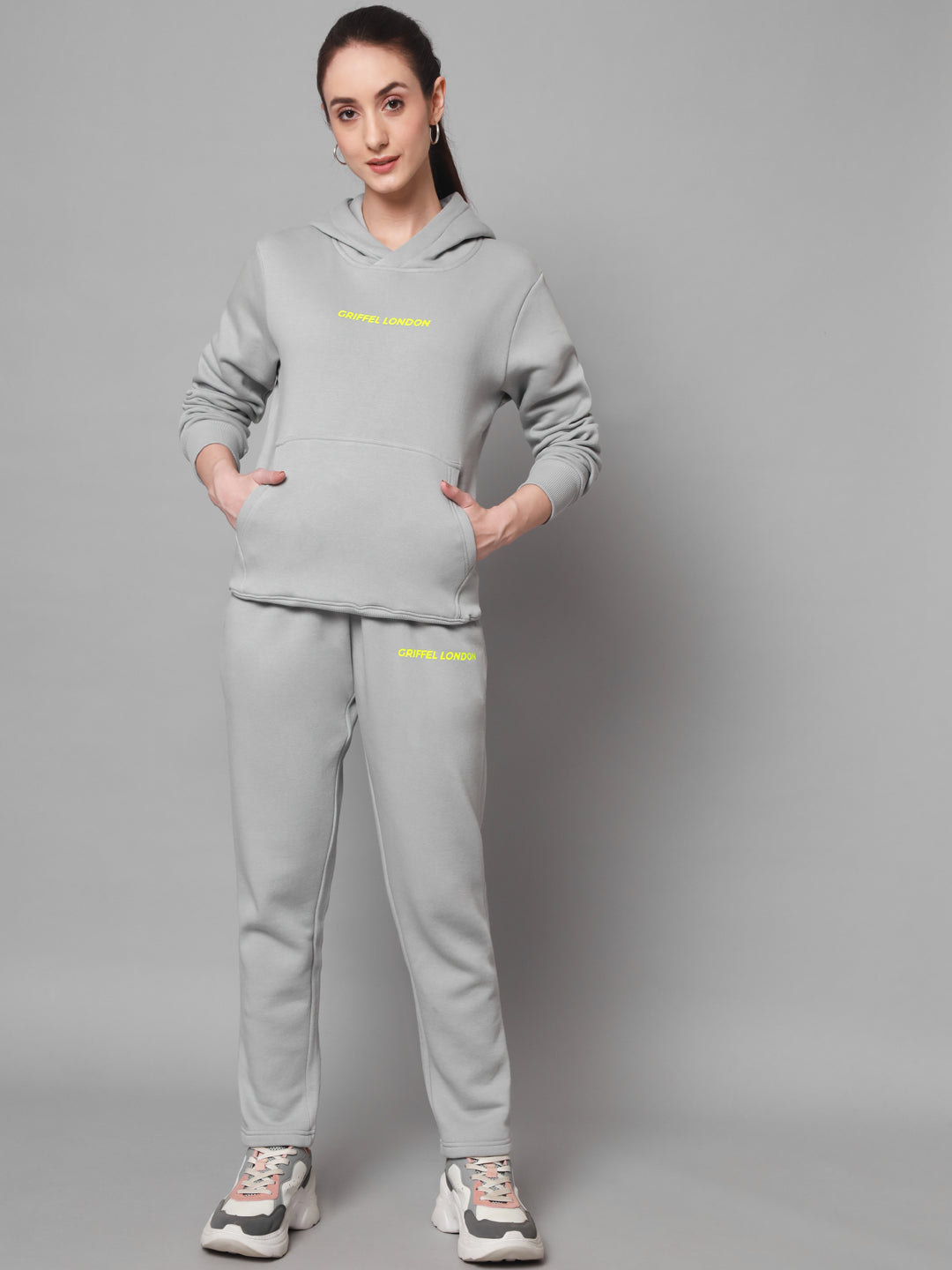 Griffel Women Solid Fleece Basic Hoodie and Joggers Full set Steel Grey Tracksuit - griffel