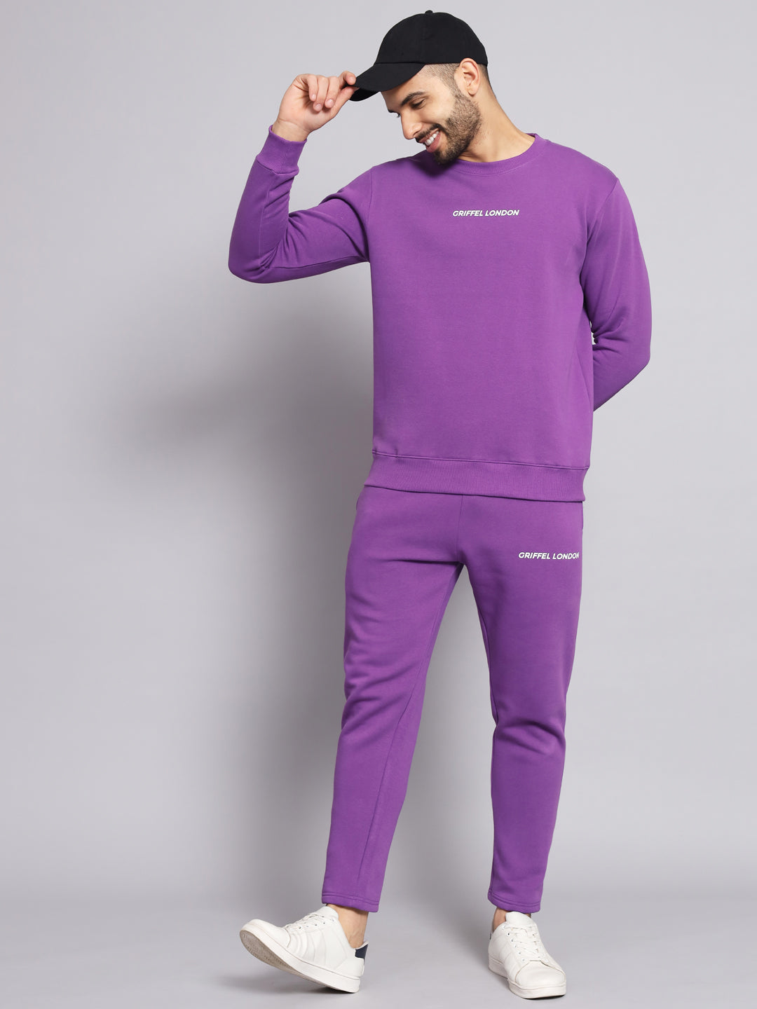 Griffel Men's Front Logo Solid Fleece Basic R-Neck Sweatshirt and Joggers Full set Dark Purple Tracksuit - griffel