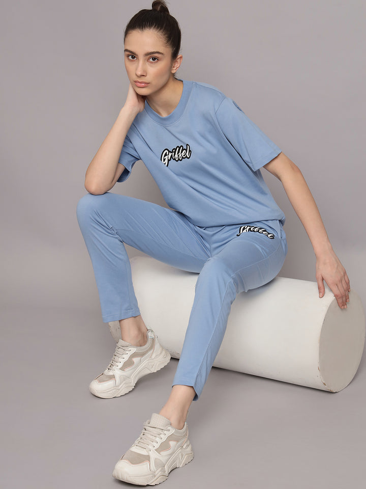 GRIFFEL Women Printed Oversized Loose fit Sky Blue T-shirt and Trackpant Set - griffel