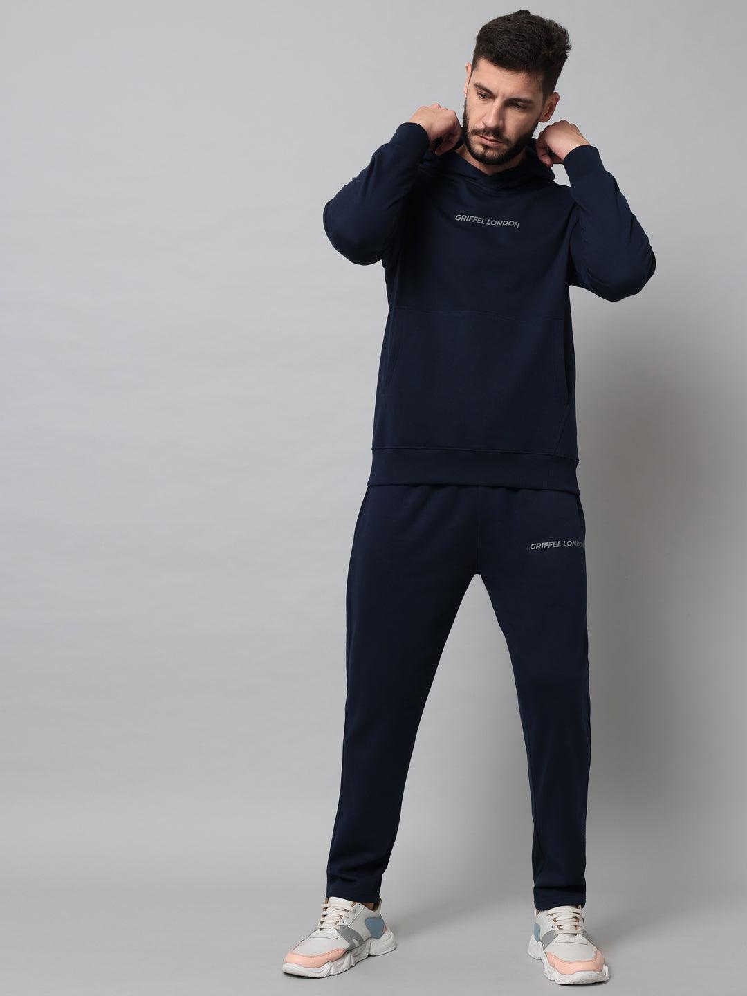 Griffel Men's Front Logo Solid Fleece Basic Hoodie and Joggers Full set Navy Tracksuit - griffel