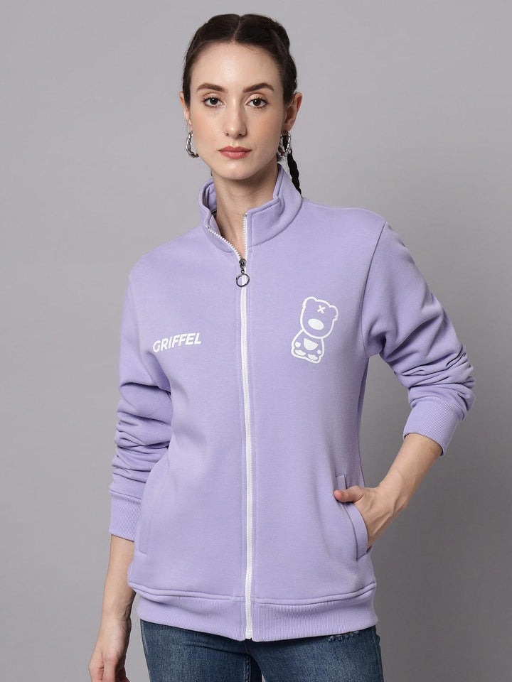 Griffel Women’s Cotton Fleece Full Sleeve Mauve Zipper Color Blocked Sweatshirt - griffel