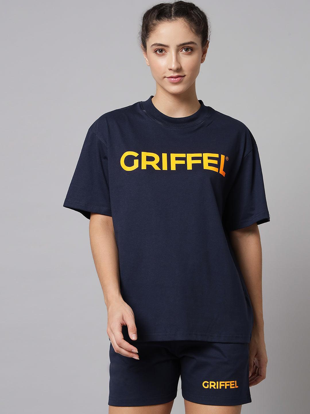 GRIFFEL Women Navy Printed Oversized Loose fit T-shirt and Short Set - griffel