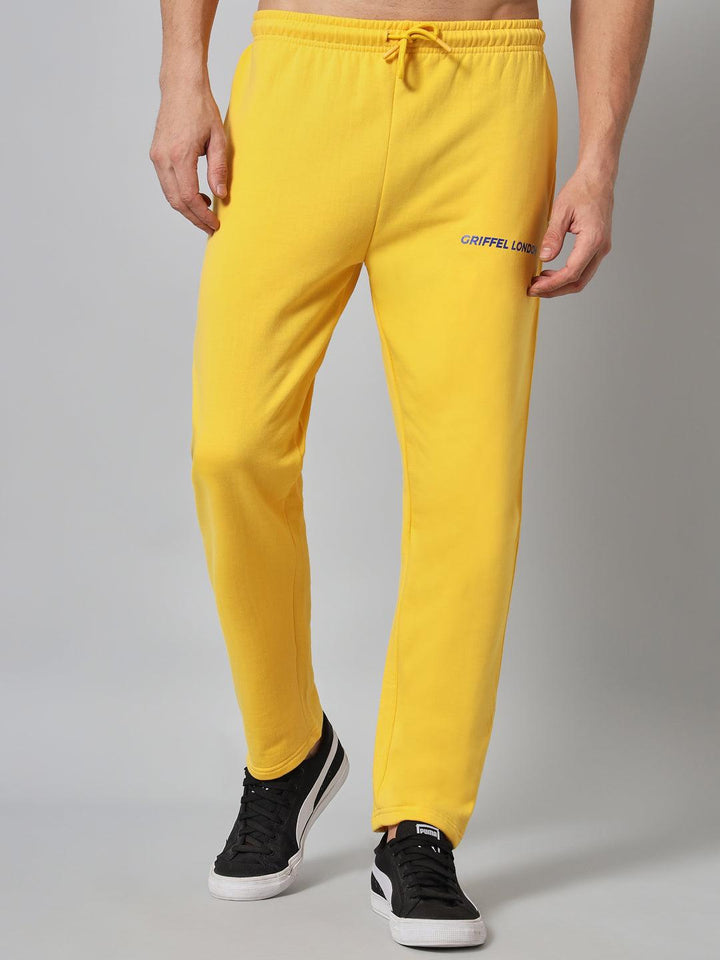 GRIFFEL Men Fleece Basic Solid Front Logo Yellow Trackpants - griffel