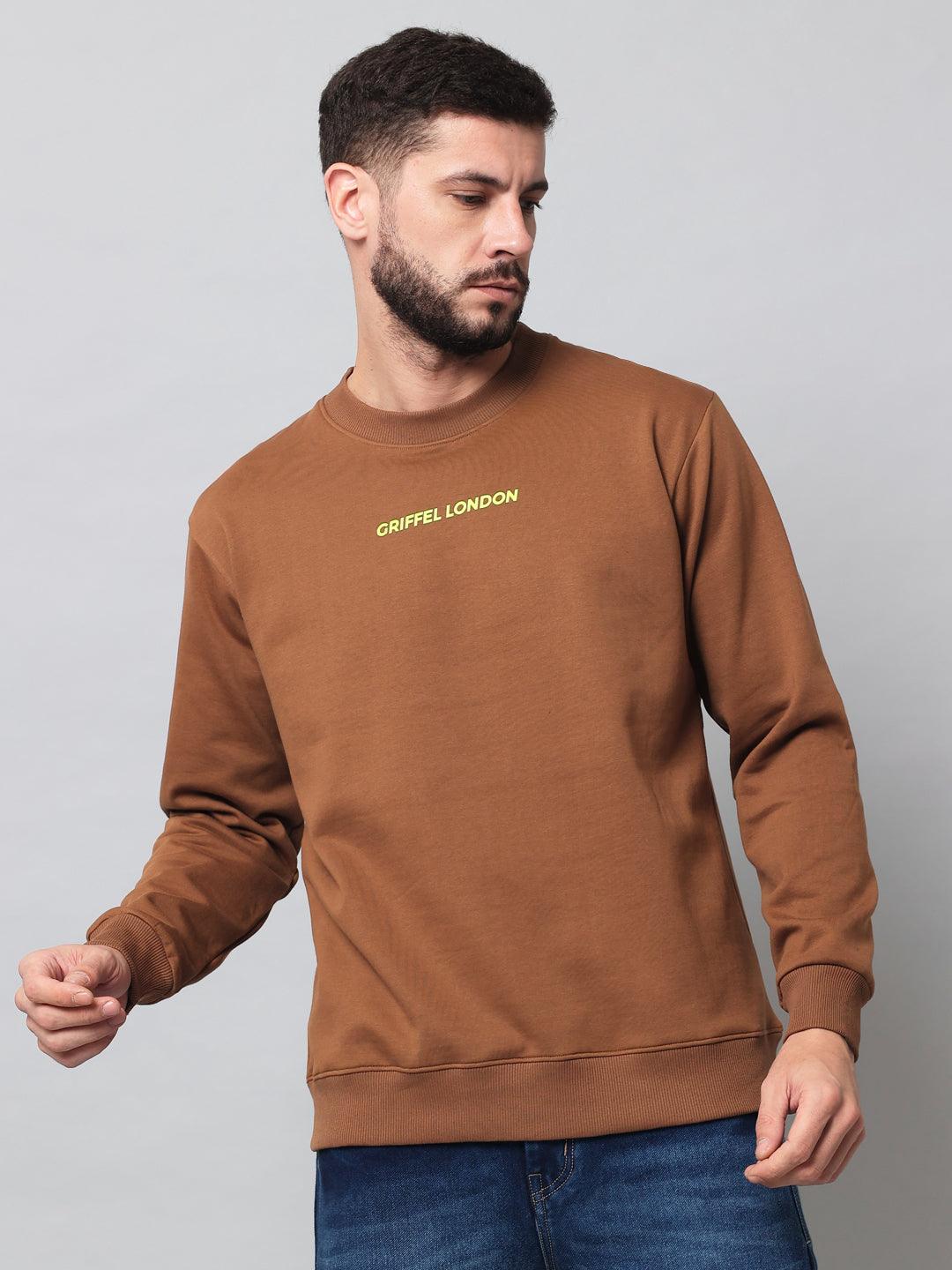 Griffel Men's Cotton Fleece Round Neck Brown Sweatshirt with Full Sleeve and Front Logo Print - griffel
