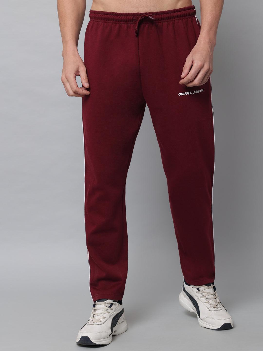 GRIFFEL Men Fleece Basic Solid Front Logo Maroon Trackpants - griffel