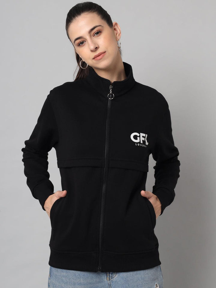 Griffel Women’s Printed Zipper Neck Black Cotton Fleece Full Sleeve Sweatshirt - griffel