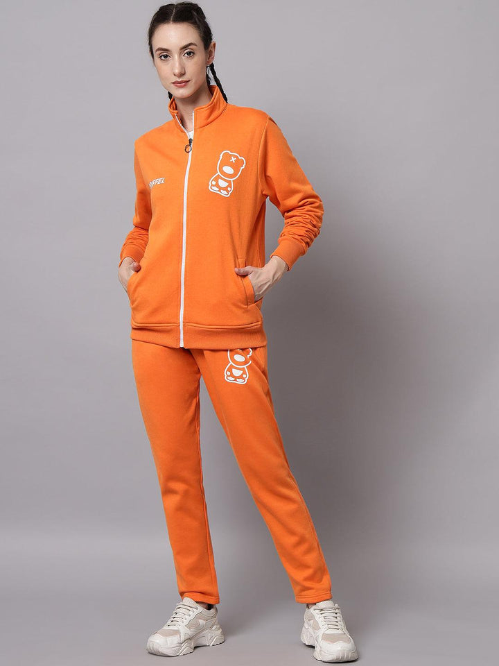 Griffel Women Color Blocked Fleece Zipper Neck Sweatshirt and Joggers Full set Orange Tracksuit - griffel