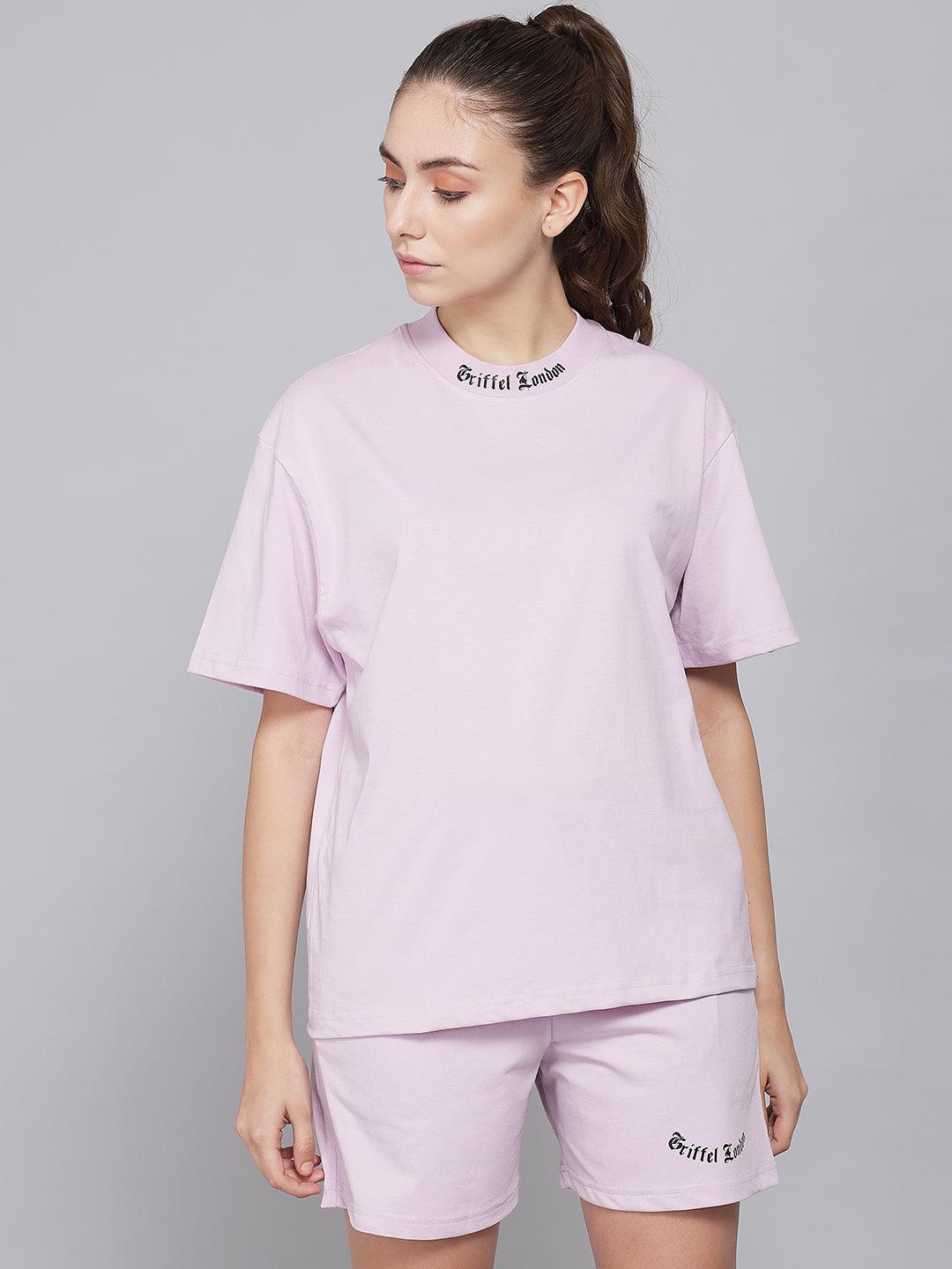 GRIFFEL Women Placement Print Regular fit Light Purple T-shirt - griffel