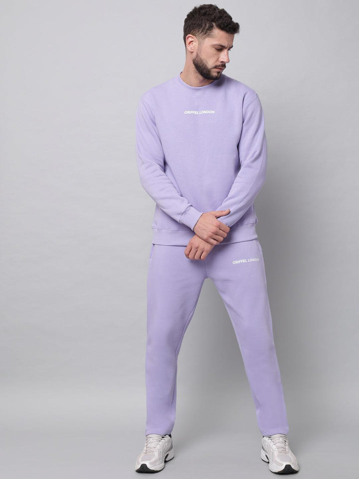 Griffel Men's Front Logo Solid Fleece Basic R-Neck Sweatshirt and Joggers Full set Light PurpleTracksuit - griffel