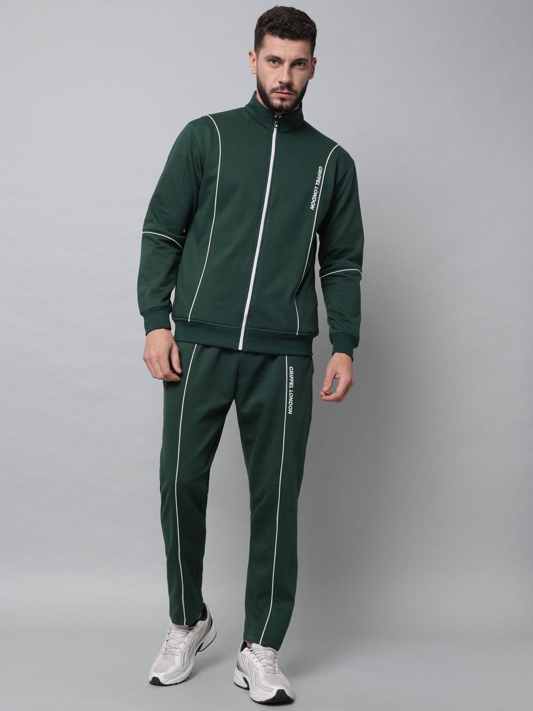 Griffel Men's Color Blocked Front Logo Fleece Zipper and Jogger Full set Bottle Green Tracksuit - griffel