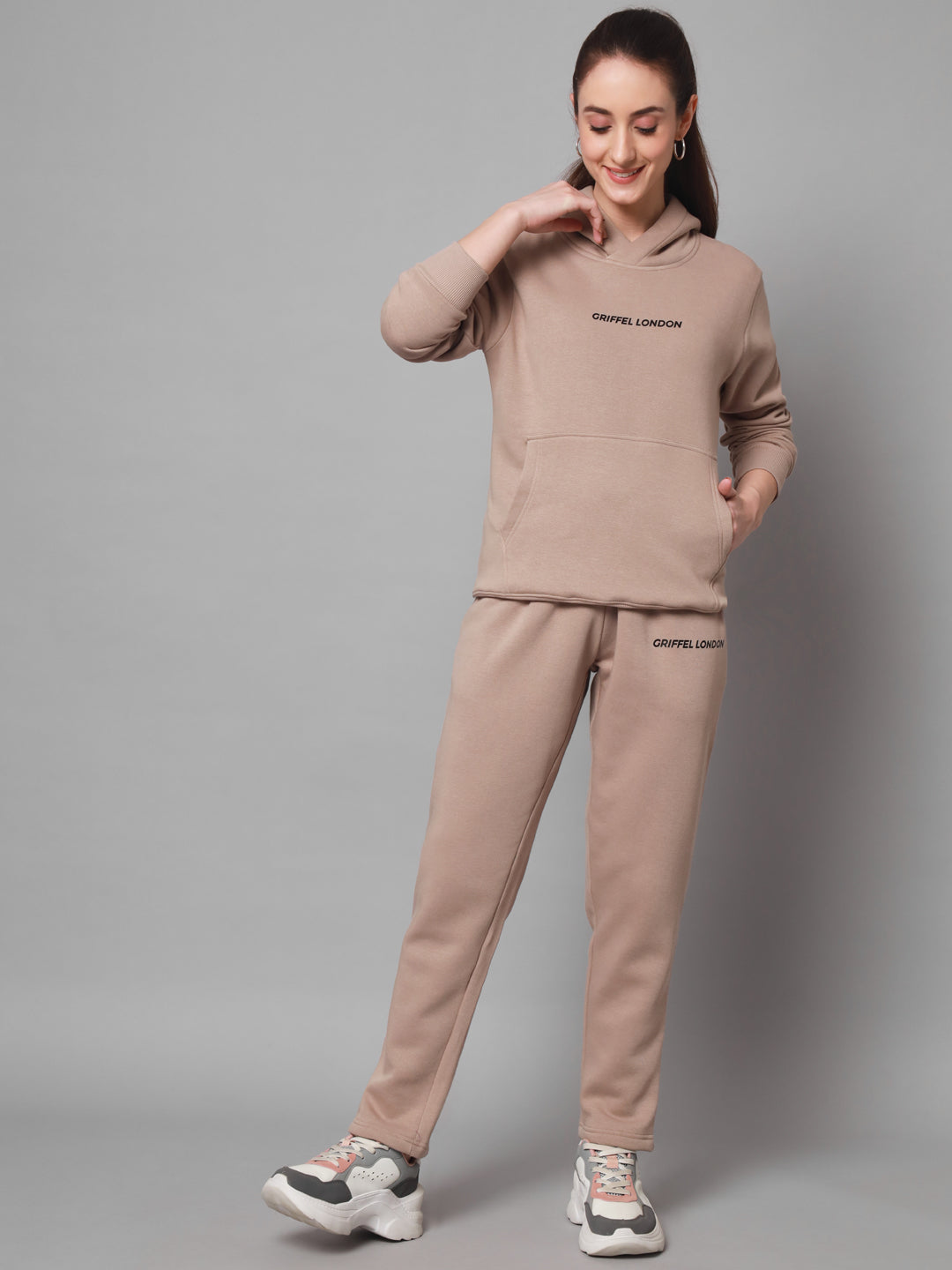 Griffel Women Solid Fleece Basic Hoodie and Joggers Full set Camel Tracksuit - griffel