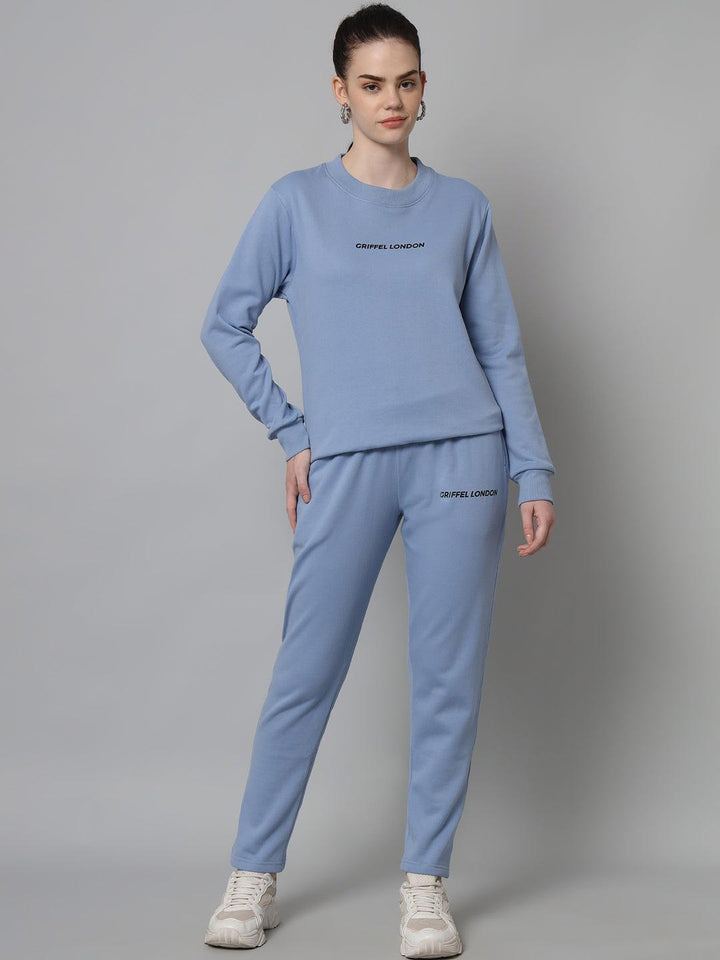 Griffel Women Solid Fleece Basic Round Neck Sweatshirt and Joggers Full set Sky Blue Tracksuit - griffel